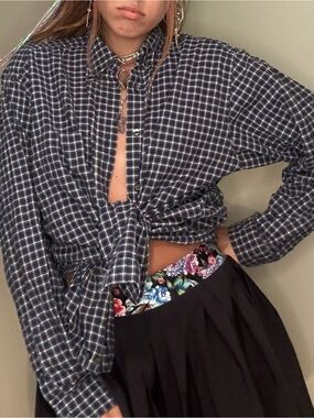 Eddie Bauer Navy and White Plaid Button-Down Shirt